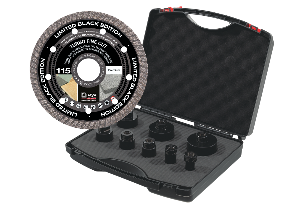 Diewe Colourline Koffer Aktions-Set Limited Black Edition plus Zugabe Turbo Fine Cut (Ø 115/22,23 mm)
