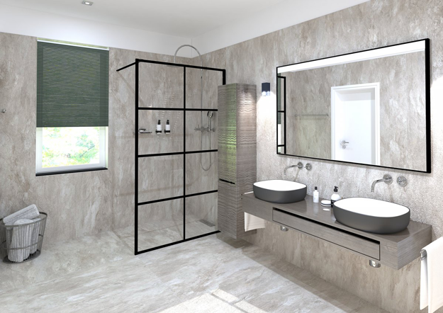 Modernes Badezimmer mit beigen Fliesen, einer geräumigen Dusche mit schwarzem Glasrahmen, einem Doppelwaschbecken und einem großen Spiegel. Ein Fenster mit grünen Jalousien bietet natürlichen Licht.